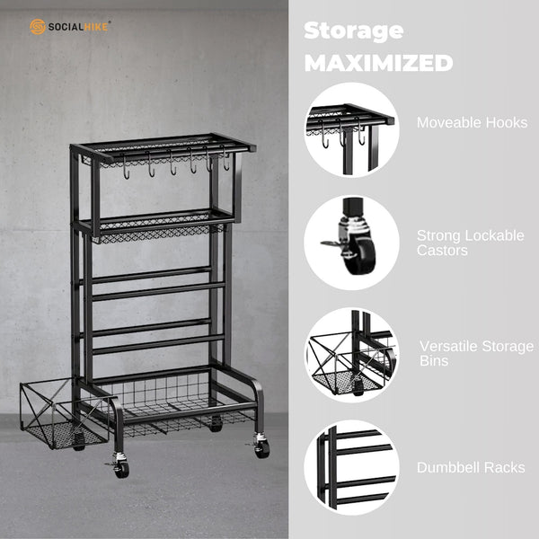 Social Hike Gym Equipment Storage Rack On Wheels Dumbbells Weights Organiser Weights Storage