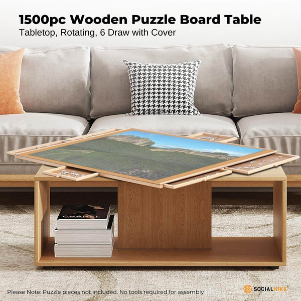 Social Hike 1500Pcs Puzzle Board 6 Drawer With Cover Wooden Rotating Tabletop Puzzles