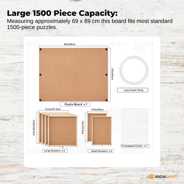 Social Hike 1500Pcs Puzzle Board 6 Drawer With Cover Wooden Rotating Tabletop Puzzles