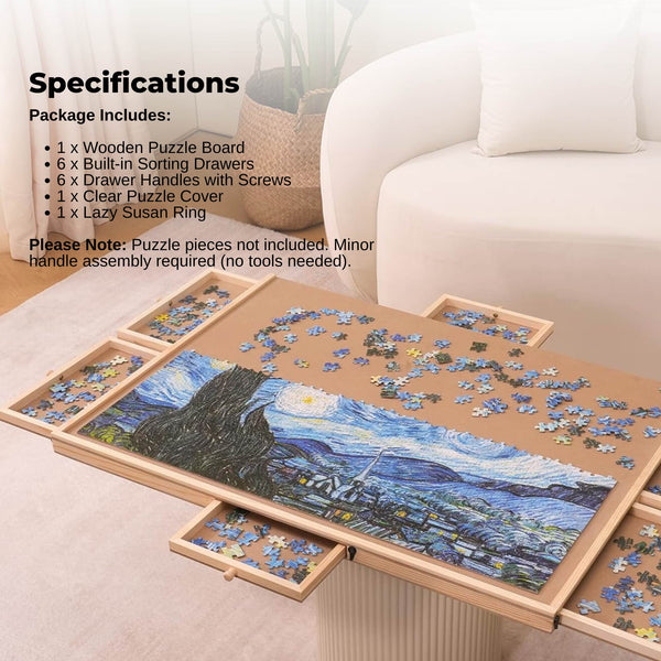 Social Hike 1500Pcs Puzzle Board 6 Drawer With Cover Wooden Rotating Tabletop Puzzles
