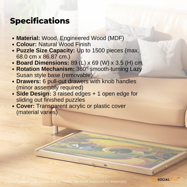 Social Hike 1500Pcs Puzzle Board 6 Drawer With Cover Wooden Rotating Tabletop Puzzles