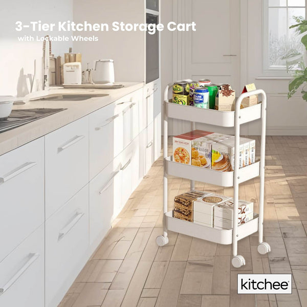 Kitchee 3 Tier Kitchen Storage Cart Trolley With Wheels Shelf Organiser White Kitchen Carts