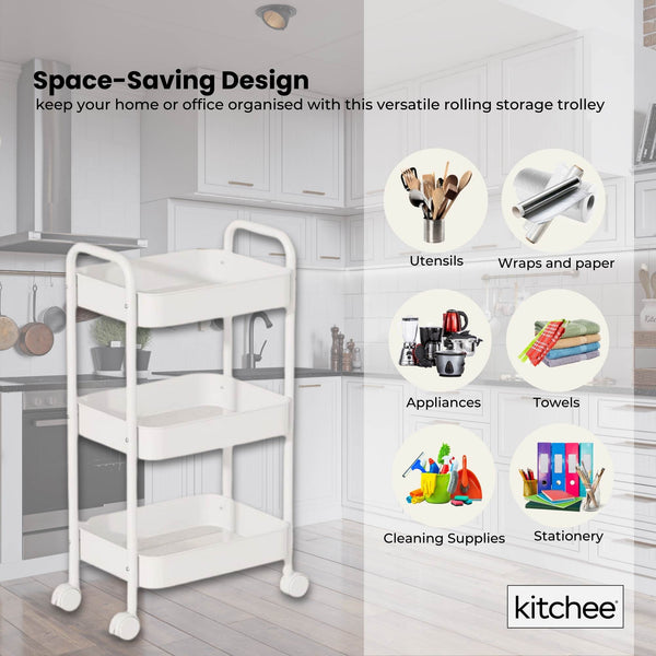 Kitchee 3 Tier Kitchen Storage Cart Trolley With Wheels Shelf Organiser White Kitchen Carts
