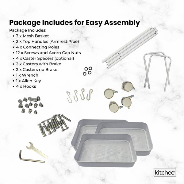 Kitchee 3 Tier Kitchen Storage Cart Trolley With Wheels Shelf Organiser White Kitchen Carts