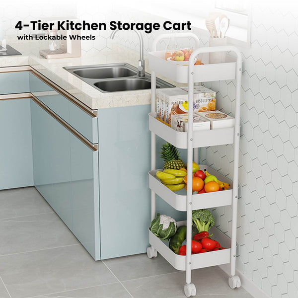 Kitchee 4 Tier Kitchen Storage Cart Trolley With Wheels Shelf Organiser White Kitchen Carts