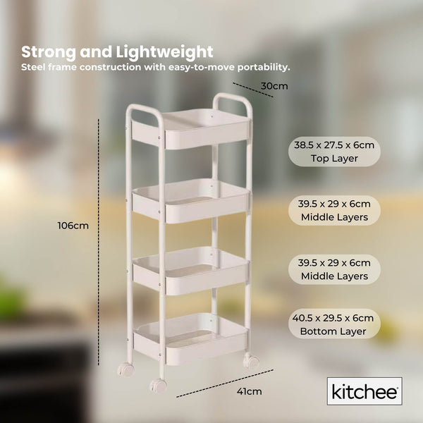 Kitchee 4 Tier Kitchen Storage Cart Trolley With Wheels Shelf Organiser White Kitchen Carts