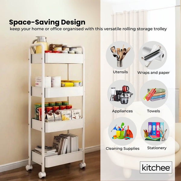 Kitchee 4 Tier Kitchen Storage Cart Trolley With Wheels Shelf Organiser White Kitchen Carts