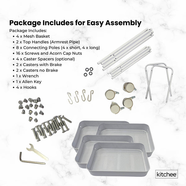 Kitchee 4 Tier Kitchen Storage Cart Trolley With Wheels Shelf Organiser White Kitchen Carts