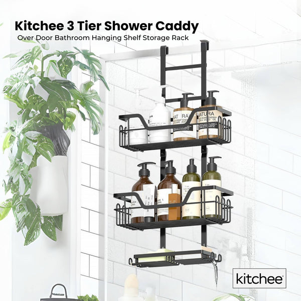 Kitchee 3 Tier Shower Caddy Over Door Bathroom Hanging Shelf Storage Rack Black Bath Caddies & Trays