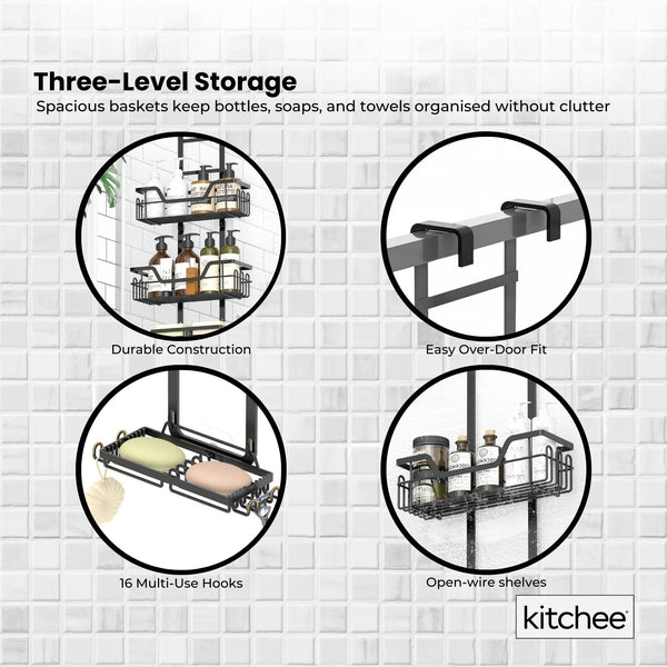 Kitchee 3 Tier Shower Caddy Over Door Bathroom Hanging Shelf Storage Rack Black Bath Caddies & Trays