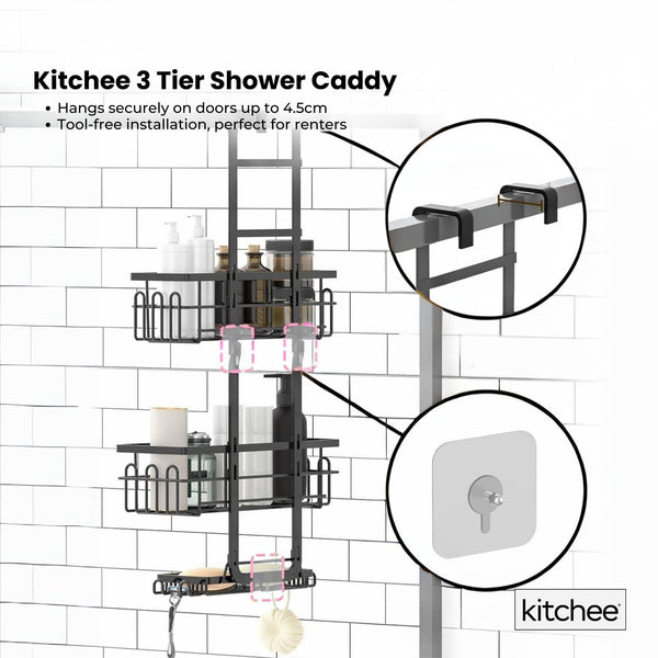 Kitchee 3 Tier Shower Caddy Over Door Bathroom Hanging Shelf Storage Rack Black Bath Caddies & Trays