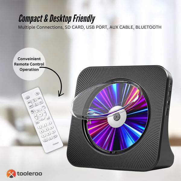 Tooleroo Usb Rechargeable Desktop Cd Player Speaker Bluetooth Portable Black Cd Players & Recorders
