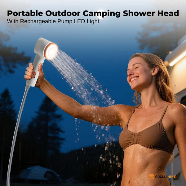 Social Hike Portable Camping Shower Head Outdoor Rechargeable Pump Led Light Shower Heads & Combos