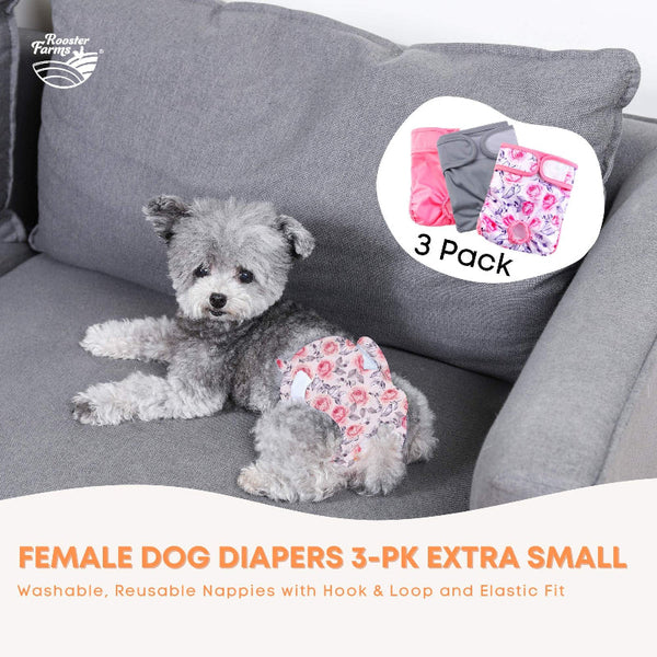 Rooster Farms X Small Female Dog Diapers 3 Pack Washable & Reusable Nappies Hook/Loop Dog Clothing & Shoes