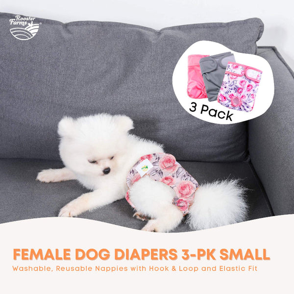 Rooster Farms Female Dog Diapers Small 3Pk Washable Reusable Nappies Hook/Loop Pink Dog Clothing & Shoes