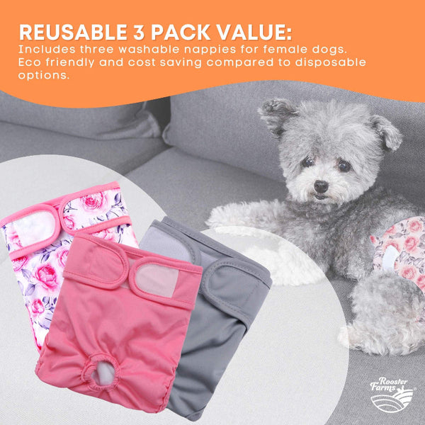 Rooster Farms Female Dog Diapers Small 3Pk Washable Reusable Nappies Hook/Loop Pink Dog Clothing & Shoes
