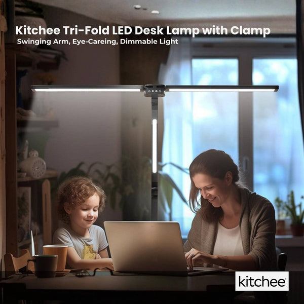 Kitchee Tri Fold Led Desk Lamp With Clamp Swinging Arm Eye Care Dimmable Light Lamps