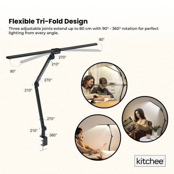 Kitchee Tri Fold Led Desk Lamp With Clamp Swinging Arm Eye Care Dimmable Light Lamps