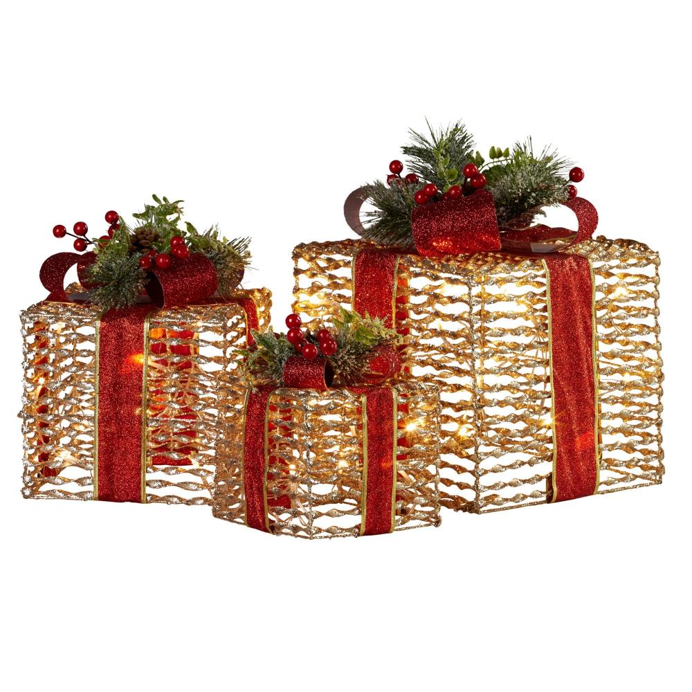 Swishmas Set Of 3 Christmas Gift Boxes With Lights Champagne Red Bows Seasonal Decorations
