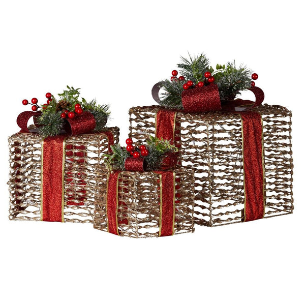Swishmas Set Of 3 Christmas Gift Boxes With Lights Champagne Red Bows Seasonal Decorations