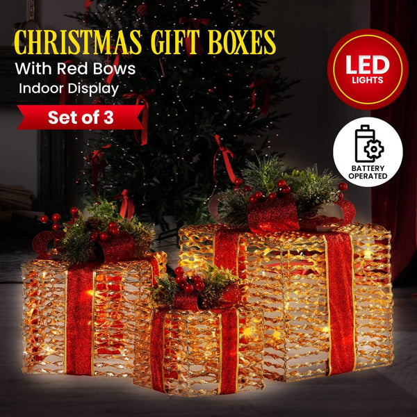 Swishmas Set Of 3 Christmas Gift Boxes With Lights Champagne Red Bows Seasonal Decorations