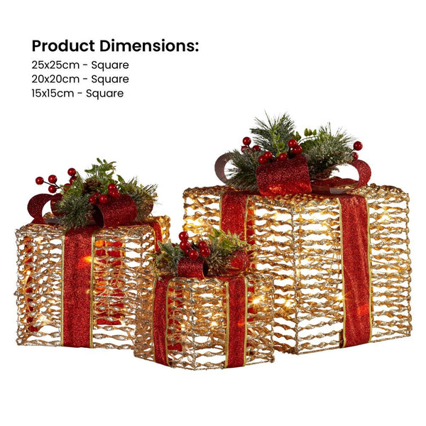 Swishmas Set Of 3 Christmas Gift Boxes With Lights Champagne Red Bows Seasonal Decorations