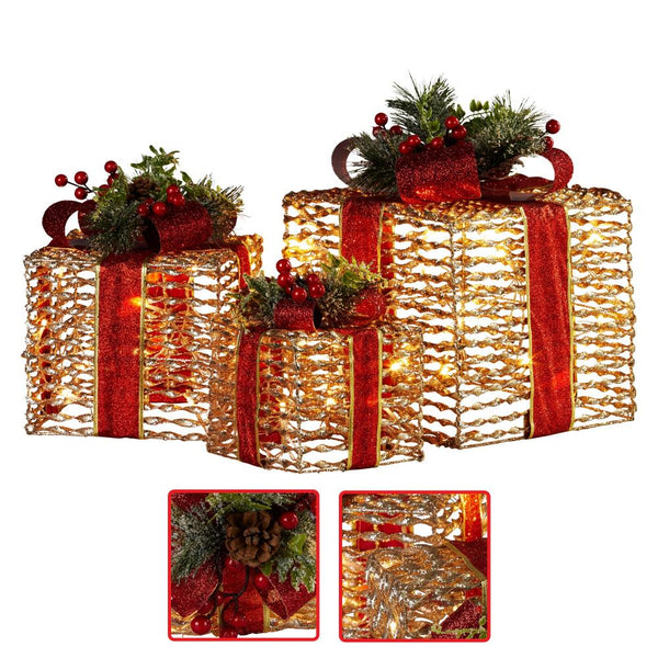Swishmas Set Of 3 Christmas Gift Boxes With Lights Champagne Red Bows Seasonal Decorations