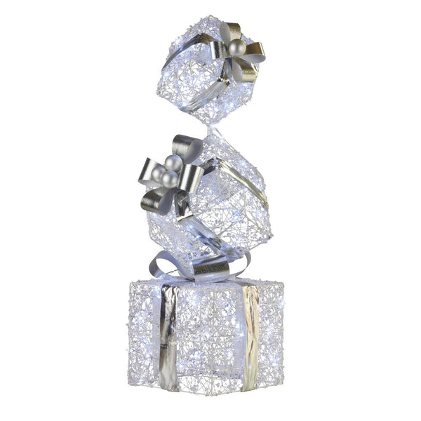 Swishmas 83Cm Triple Christmas Silver Giftbox Stack Display With Lights Seasonal Decorations