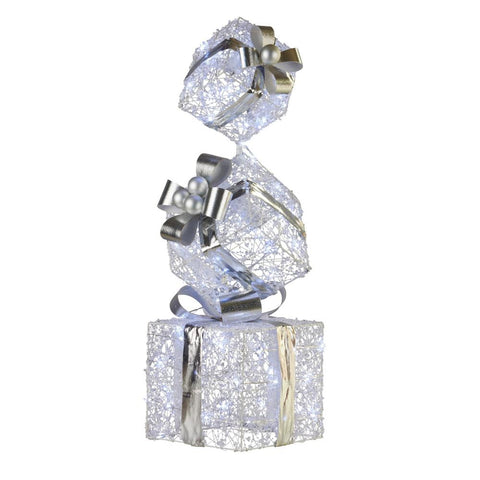 Swishmas 83Cm Triple Christmas Silver Giftbox Stack Display With Lights Seasonal Decorations