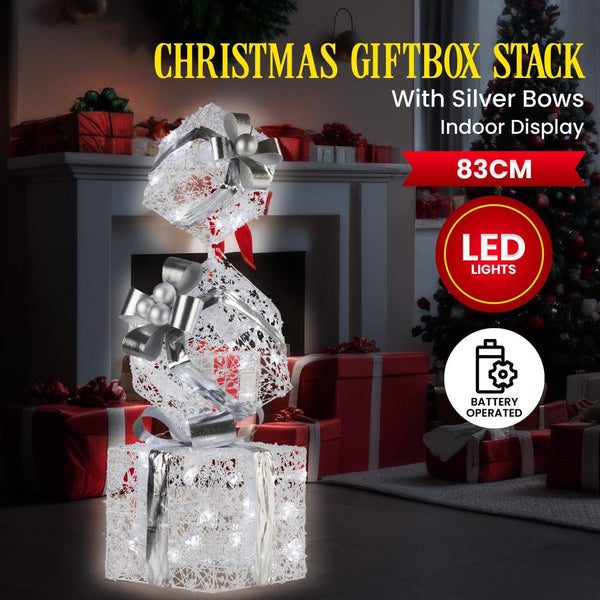 Swishmas 83Cm Triple Christmas Silver Giftbox Stack Display With Lights Seasonal Decorations
