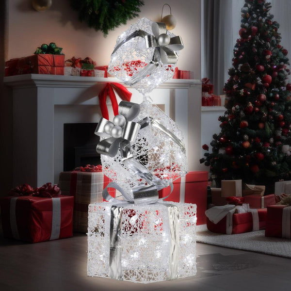 Swishmas 83Cm Triple Christmas Silver Giftbox Stack Display With Lights Seasonal Decorations