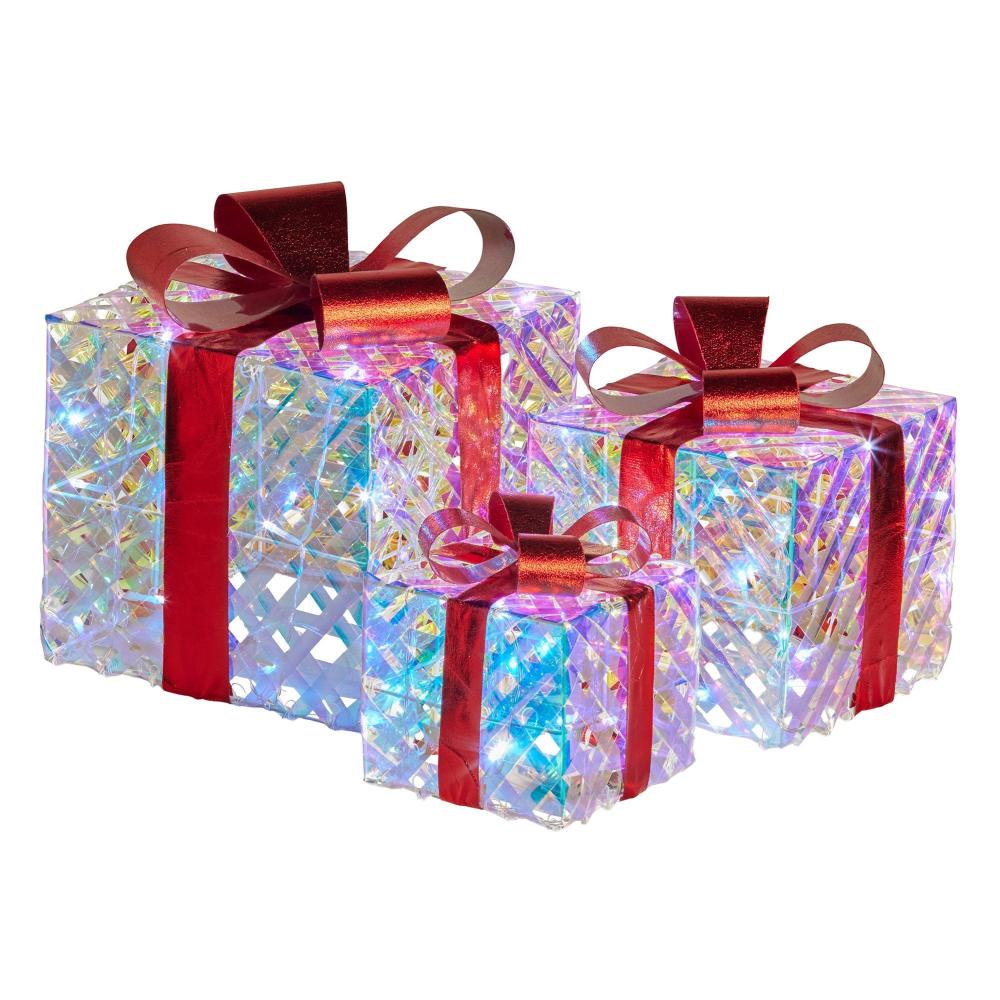 Swishmas Set Of 3 Christmas Gift Boxes With Lights Clear Shimmer Red Bows Seasonal Decorations