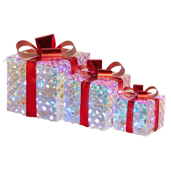 Swishmas Set Of 3 Christmas Gift Boxes With Lights Clear Shimmer Red Bows Seasonal Decorations