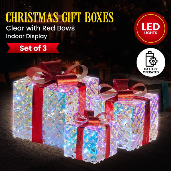 Swishmas Set Of 3 Christmas Gift Boxes With Lights Clear Shimmer Red Bows Seasonal Decorations