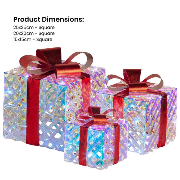 Swishmas Set Of 3 Christmas Gift Boxes With Lights Clear Shimmer Red Bows Seasonal Decorations