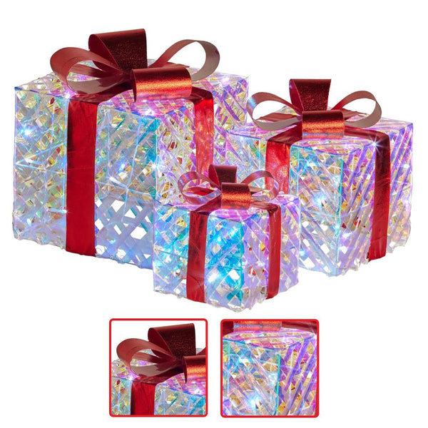 Swishmas Set Of 3 Christmas Gift Boxes With Lights Clear Shimmer Red Bows Seasonal Decorations