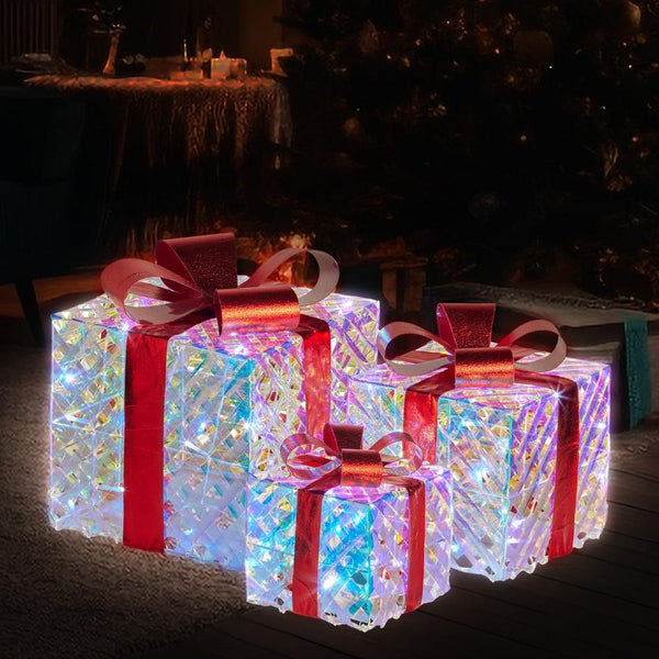 Swishmas Set Of 3 Christmas Gift Boxes With Lights Clear Shimmer Red Bows Seasonal Decorations