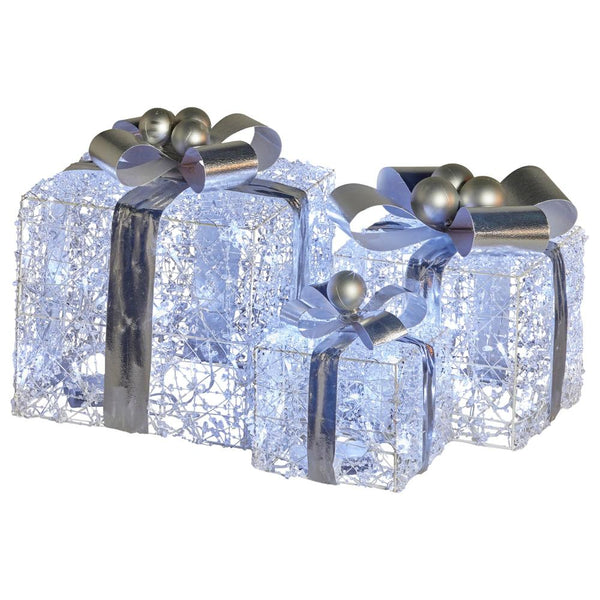 Swishmas Set Of 3 Christmas Gift Boxes With Lights Jewelled Wire And Silver Bows Seasonal Decorations