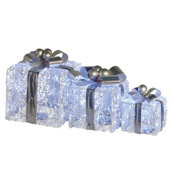 Swishmas Set Of 3 Christmas Gift Boxes With Lights Jewelled Wire And Silver Bows Seasonal Decorations