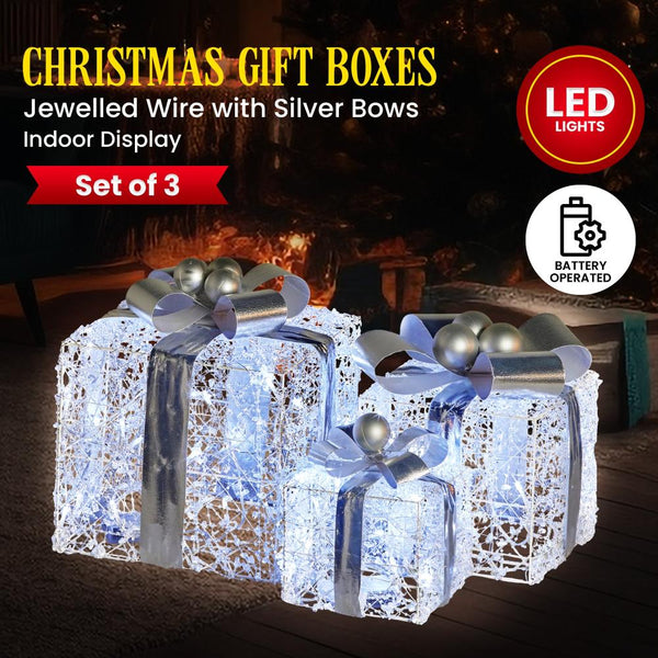 Swishmas Set Of 3 Christmas Gift Boxes With Lights Jewelled Wire And Silver Bows Seasonal Decorations