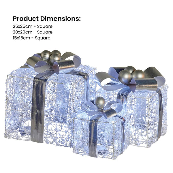 Swishmas Set Of 3 Christmas Gift Boxes With Lights Jewelled Wire And Silver Bows Seasonal Decorations