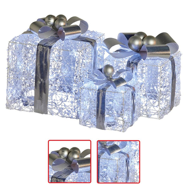 Swishmas Set Of 3 Christmas Gift Boxes With Lights Jewelled Wire And Silver Bows Seasonal Decorations