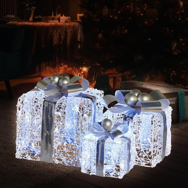 Swishmas Set Of 3 Christmas Gift Boxes With Lights Jewelled Wire And Silver Bows Seasonal Decorations