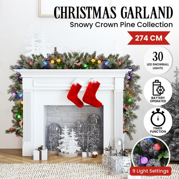 Swishmas 274Cm Snowy Crown Pine Pre Lit Multicolour Christmas Garland Seasonal Decorations
