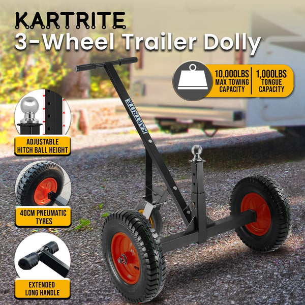 Kartrite 3 Wheel Adjustable Trailer Dolly Heavy Duty Caravan Mover 1000 Lbs Tongue Capacity Durable Transport Solution Workshop Dollies