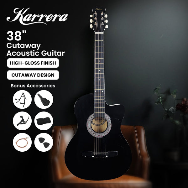 Karrera 38In Pro Cutaway Acoustic Guitar With Carry Bag Black Acoustic Guitars