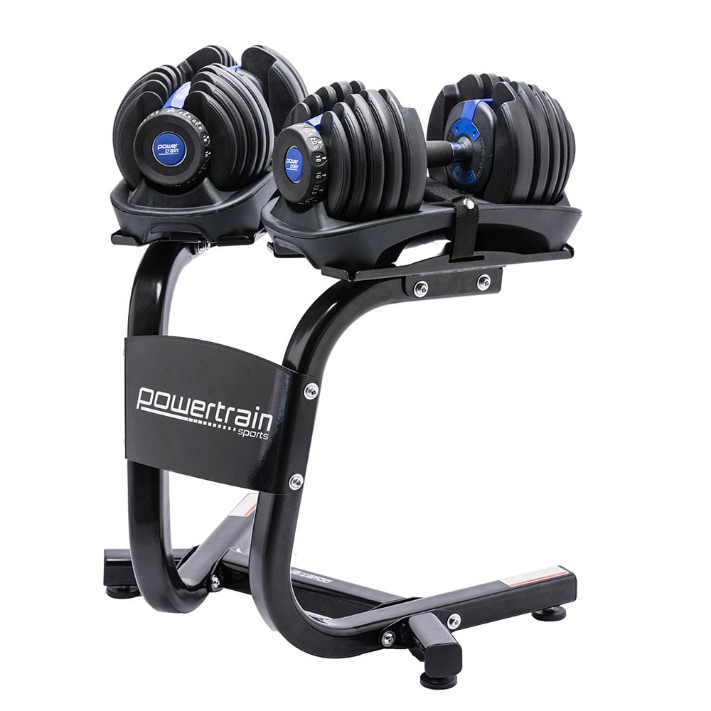 Powertrain Adjustable Dumbbell Set With Stand Blue Sports And Fitness Equipment Dumbbells