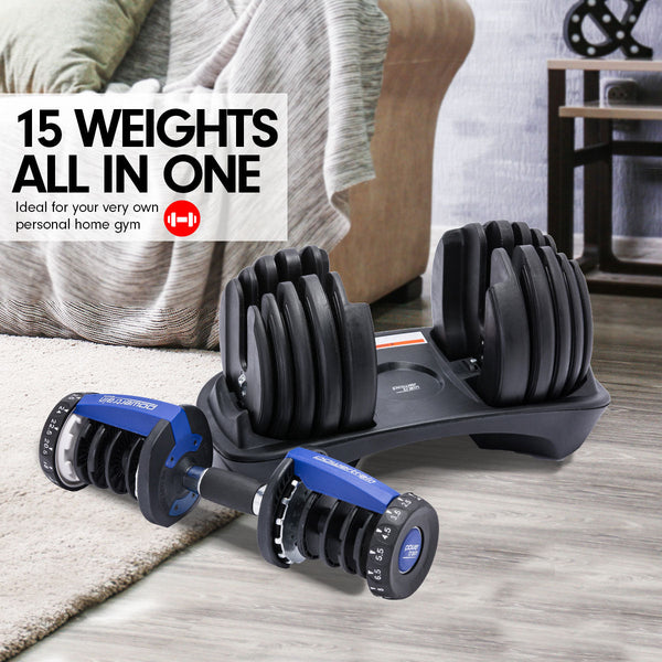 Powertrain Adjustable Dumbbell Set With Stand Blue Sports And Fitness Equipment Dumbbells