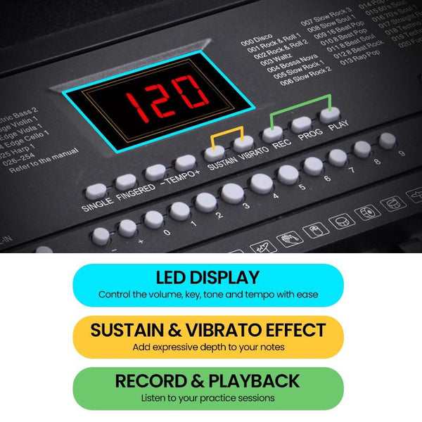 Karrera 61 Key Electronic Led Keyboard 75Cm Portable Piano In Black With Microphone Input Headphone Output 255 Timbres & Rhythms Electronic Keyboards