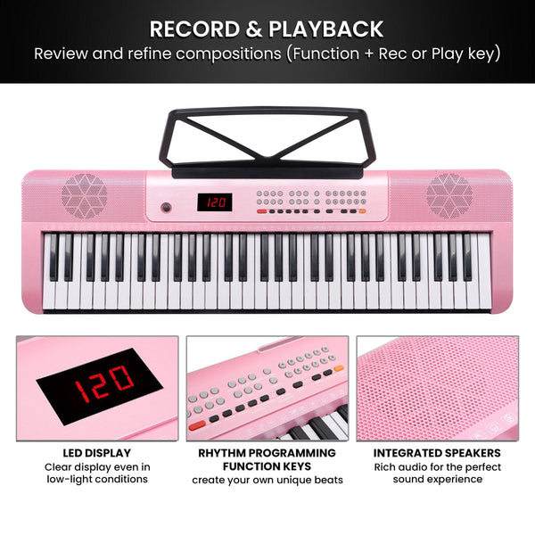 Karrera 61 Key Electronic Piano Keyboard With Led And Folding Stand In Pink Electronic Keyboards